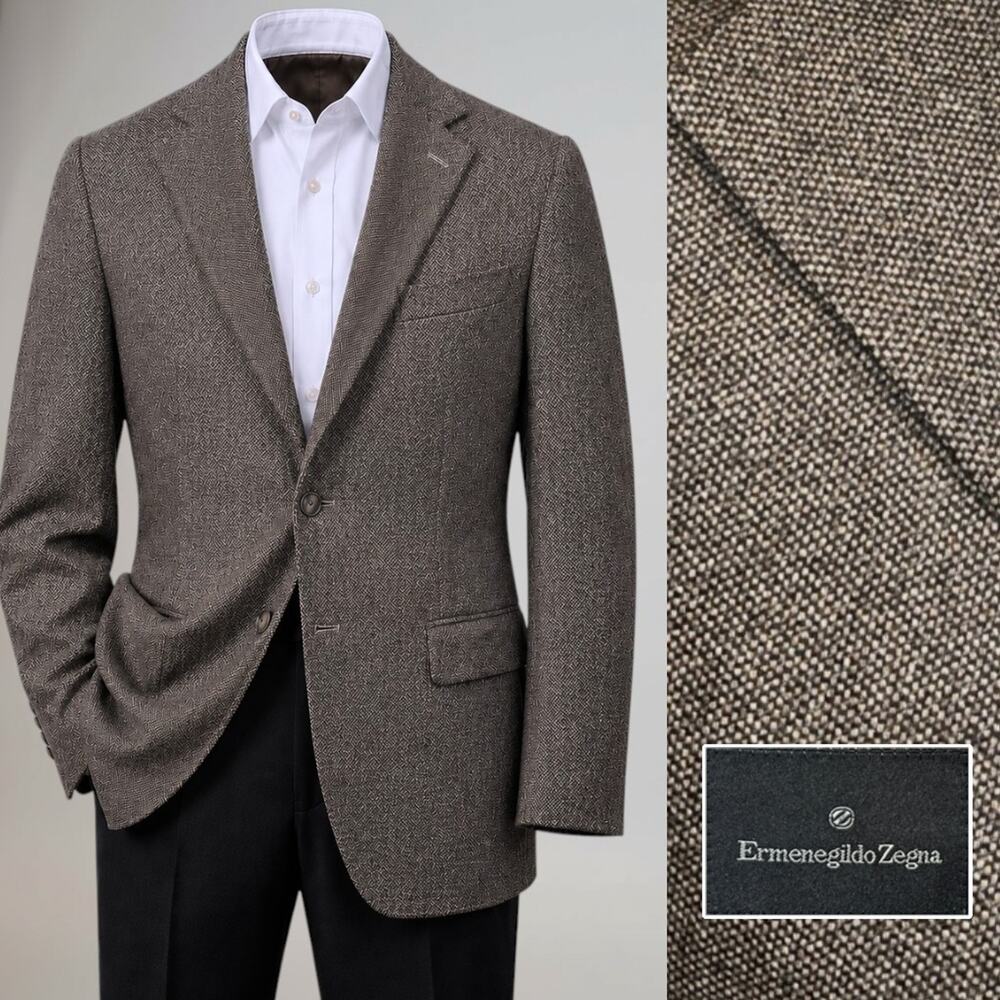Zegna Italy Cashmere & Silk 42L Taupe Salt & Pepper Melange Sport Coat